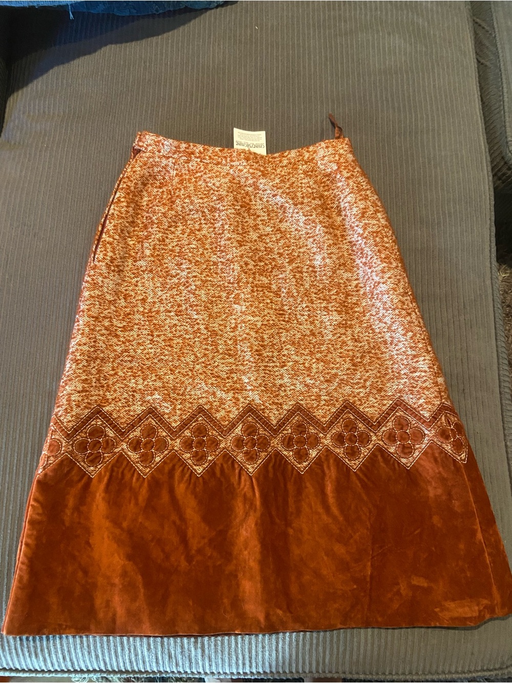 Vintage 70s Bohemian style Two-Tone Rust Orange Midi Skirt with Velvet Panel
